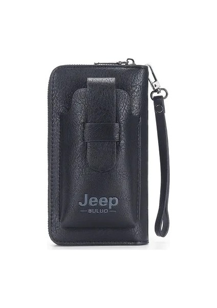 Siyah Stil Jeep Buluo Deri Erkek Debriyaj Cüzdan Çanta Telefon Için Çift Fermuarlı Lüks Cüzdan Deri Debriyaj Çanta Büyük Kapasiteli (Yurt Dışından)