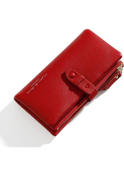 Kırmızı Stil Basit Düz Renk Kat Uzun Debriyaj Cüzdan Kadın Kart Sahibinin Yumuşak Pu Pleather Fermuarlı Cep Çanta Küçük Seyahat Cüzdanı Bayanlar (Yurt Dışından)