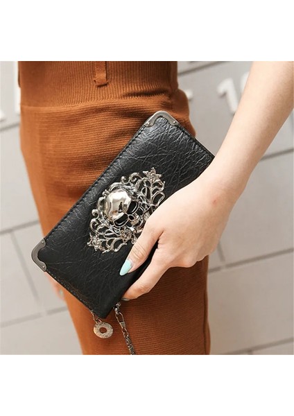 Koyu Mavi Akrep Tarzı Kadın Cüzdan Moda Bayan Bileklik Çanta Uzun Para Çantası Fermuar Bozuk Para Cüzdanı Kartları Kımlık Tutucu Kadın Metal Kafatası Desen Cüzdan (Yurt Dışından)