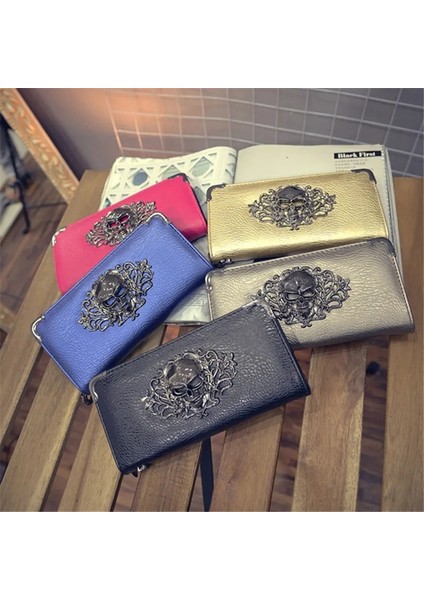 Koyu Mavi Akrep Tarzı Kadın Cüzdan Moda Bayan Bileklik Çanta Uzun Para Çantası Fermuar Bozuk Para Cüzdanı Kartları Kımlık Tutucu Kadın Metal Kafatası Desen Cüzdan (Yurt Dışından)