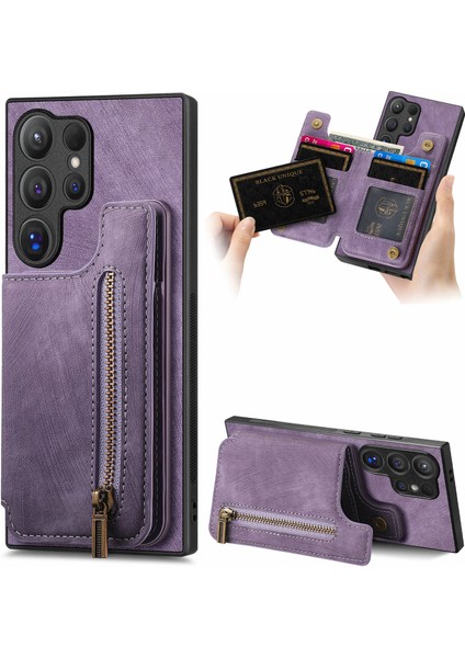 Samsung Galaxy S24 Ultra Kart Yuvası Deri + Tpu Fermuar Kickstand Retro Telefon Kapağı (Yurt Dışından)