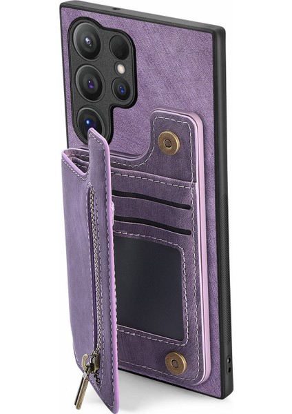 Samsung Galaxy S24 Ultra Kart Yuvası Deri + Tpu Fermuar Kickstand Retro Telefon Kapağı (Yurt Dışından) modelleri