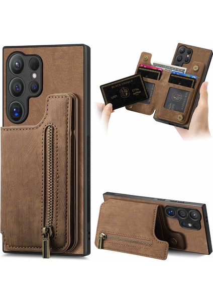 Samsung Galaxy S24 Ultra Kart Yuvası Deri + Tpu Fermuar Kickstand Retro Telefon Kapağı (Yurt Dışından)