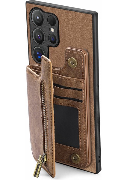 Samsung Galaxy S24 Ultra Kart Yuvası Deri + Tpu Fermuar Kickstand Retro Telefon Kapağı (Yurt Dışından) modelleri