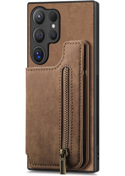 Samsung Galaxy S24 Ultra Kart Yuvası Deri + Tpu Fermuar Kickstand Retro Telefon Kapağı (Yurt Dışından) indirimleri