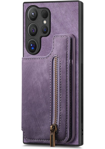 Samsung Galaxy S24 Ultra Kart Yuvası Deri + Tpu Fermuar Kickstand Retro Telefon Kapağı (Yurt Dışından) indirimleri