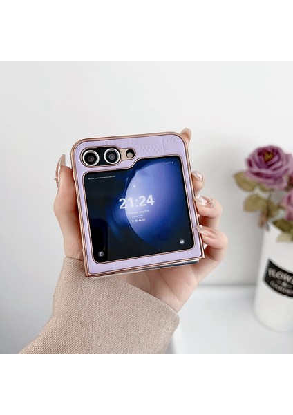 Samsung Galaxy Z Flip6 5g Elektro Kaplama Çerçeve Deri + Pc Izgara Doku Telefon Kapağı (Yurt Dışından)