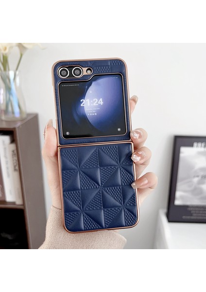 Samsung Galaxy Z Flip6 5g Elektro Kaplama Çerçeve Deri + Pc Izgara Doku Telefon Kapağı (Yurt Dışından)