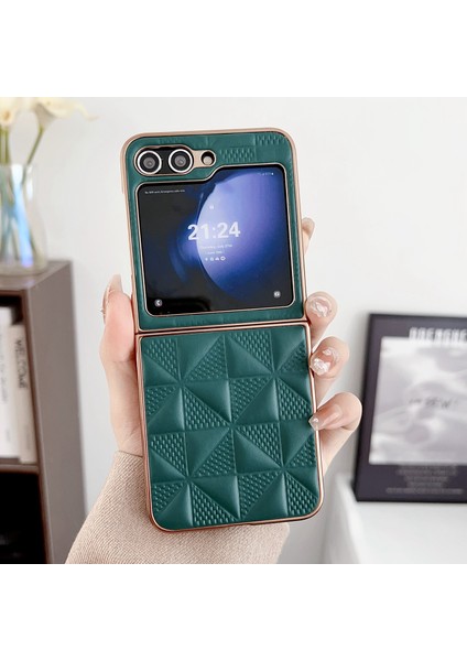 Samsung Galaxy Z Flip6 5g Elektro Kaplama Çerçeve Deri + Pc Izgara Doku Telefon Kapağı (Yurt Dışından)
