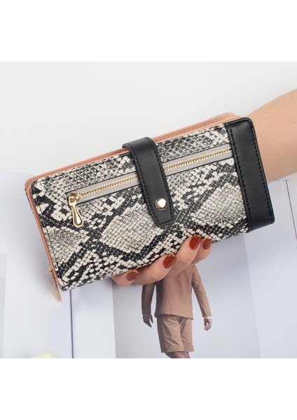 Yeni Kadın El Cüzdanı Moda Trendi Yılan Desenli Toka Çoklu Kart Yuvası Büyük Kapasiteli Fermuarlı Uzun Cüzdan (Yurt Dışından)