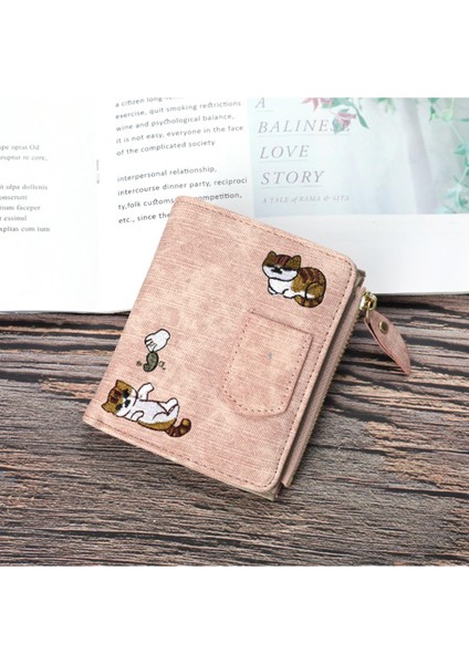 Kısa Cüzdan Kadın 2020 Sonbahar Yeni Kedi Işlemeli Tuval Debriyaj Büyük Kapasiteli Moda Bozuk Para Cüzdanı Çok Fonksiyonlu Kart Tutucu (Yurt Dışından)