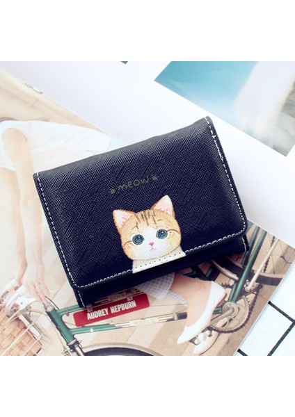 Karikatür Kedi Baskı Cüzdan Kawaii Kadın Kısa Mini Çantalar Üçe Katlanmış Sevimli Öğrenci Küçük Çile Cüzdan Pu Deri Kımlık Kredi Kartı Tutucu (Yurt Dışından)