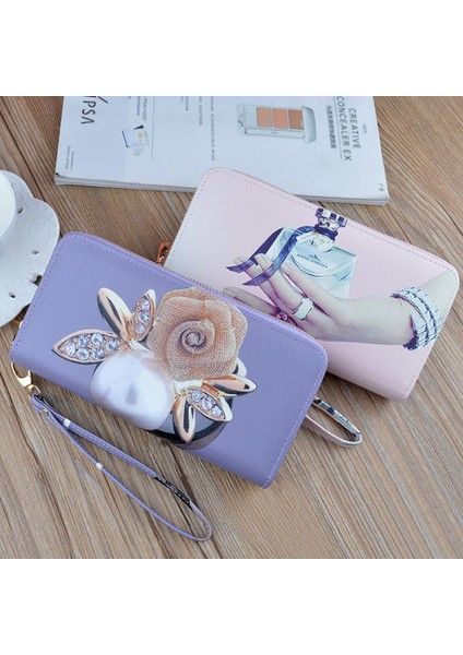 Çift Fermuarlı Cüzdan Kadın Mor/Pembe/Siyah Pu Deri Kart Tutucu Kılıf Kadın Cep Telefonu Çantası Kaliteli Uzun Para Çantası Kart Kılıfı (Yurt Dışından)