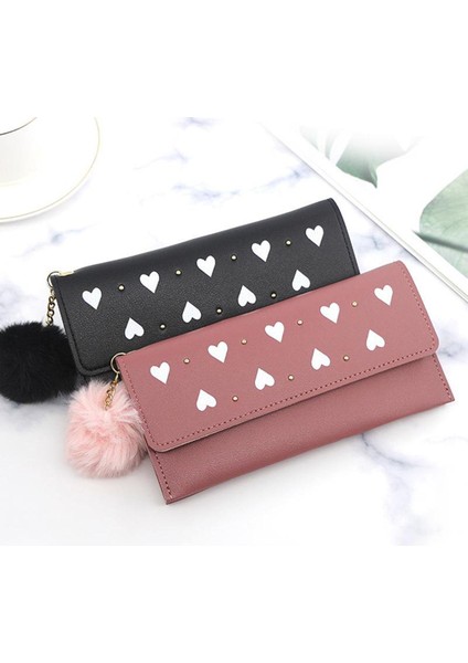 Yeni Kadın Uzun Kalp Cüzdan Saf Renk Yün Topu Yay Çile Debriyaj Çanta Kadın Uzun Çanta Kart Sahibinin Fermuarlı Bozuk Para Cüzdanı (Yurt Dışından)