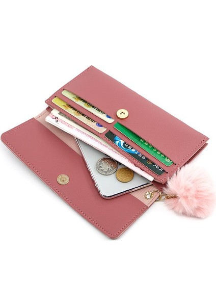 Yeni Kadın Uzun Kalp Cüzdan Saf Renk Yün Topu Yay Çile Debriyaj Çanta Kadın Uzun Çanta Kart Sahibinin Fermuarlı Bozuk Para Cüzdanı (Yurt Dışından) modelleri