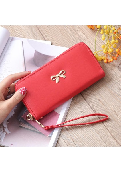 Pu Deri Kadın Uzun Cüzdan Sevimli Ilmek Telefon Para Çantası Debriyaj Kımlık Kartı Tutucu Ayrılabilir Bileklik Moda Bozuk Para Cüzdanı (Yurt Dışından)