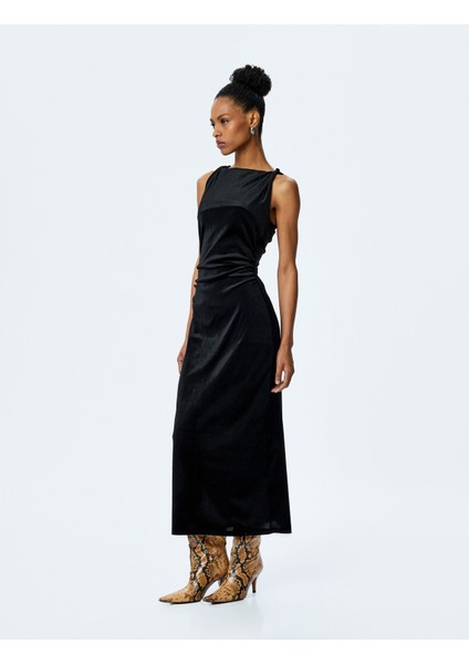 Slim Fit Drape Detaylı Kolsuz Uzun Kadife Elbise fiyatları