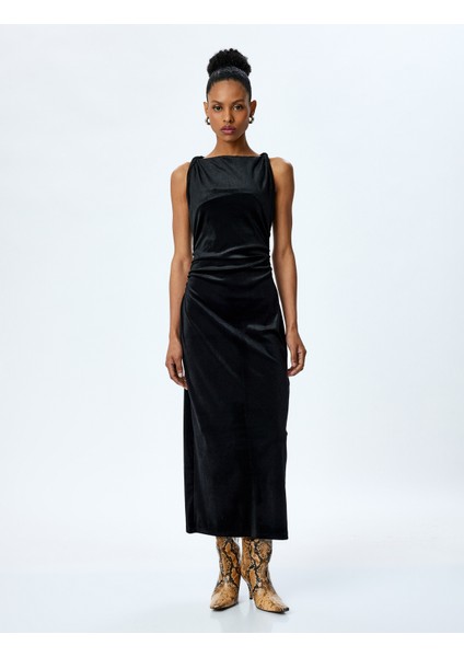 Slim Fit Drape Detaylı Kolsuz Uzun Kadife Elbise modelleri