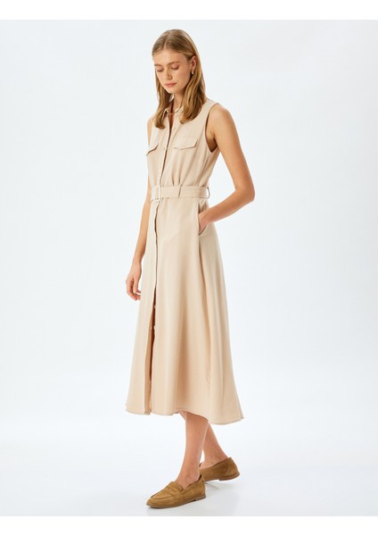 Viskon Keten Karışımlı Kolsuz Cepli Kemerli Uzun Gömlek Elbise