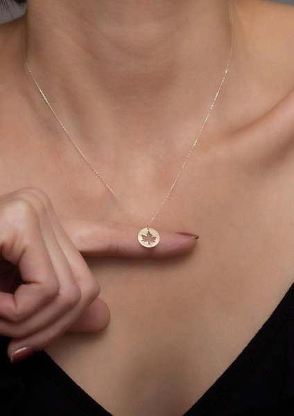 14 Ayar Altın Baskılı Sonbahar Yaprak Kolye