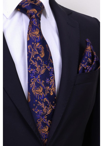 Hand Made 7.5 cm Lacivert Kiremit Yaprak Desen Mendilli Kravat