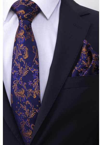 Hand Made 7.5 cm Lacivert Kiremit Yaprak Desen Mendilli Kravat modelleri