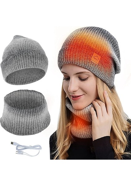 USB Isıtmalı Şapka ve Eşarp Seti Örgü Bere Şapka Boyun Isıtıcı Erkekler Kadınlar Için Yumuşak Astarlı Örme Şapka Kış Sıcak Kap - Mavi (Yurt Dışından)