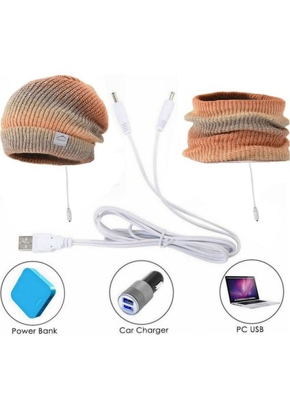 USB Isıtmalı Şapka ve Eşarp Seti Örgü Bere Şapka Boyun Isıtıcı Erkekler Kadınlar Için Yumuşak Astarlı Örme Şapka Kış Sıcak Kap - Mavi (Yurt Dışından)