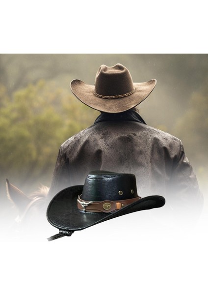 Batı Kovboy Şapkası Erkek Moda Geniş Kenarlı Yazlık Açık Hava Güneşlik Şapka Bull Head Siyah (Yurt Dışından)