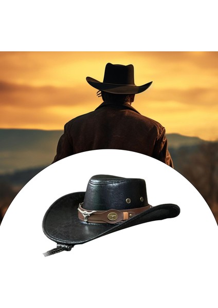 Batı Kovboy Şapkası Erkek Moda Geniş Kenarlı Yazlık Açık Hava Güneşlik Şapka Bull Head Siyah (Yurt Dışından)