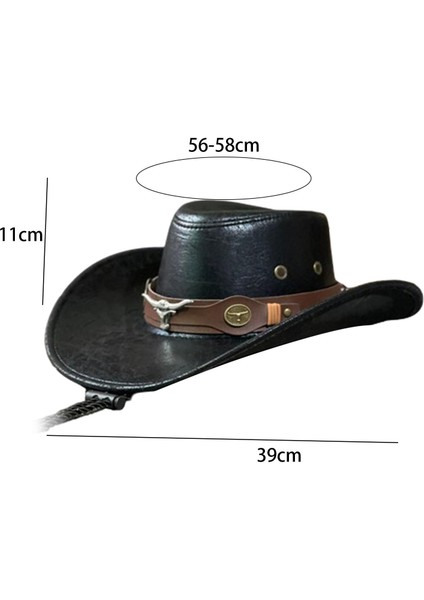 Batı Kovboy Şapkası Erkek Moda Geniş Kenarlı Yazlık Açık Hava Güneşlik Şapka Bull Head Siyah (Yurt Dışından)
