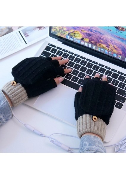 1 Çift Eldiven Isıtma Fiber Kış Eller Sıcak Eldiven Örgü USB Isıtmalı Yarım Parmak Isıtıcı - Pembe (Yurt Dışından)