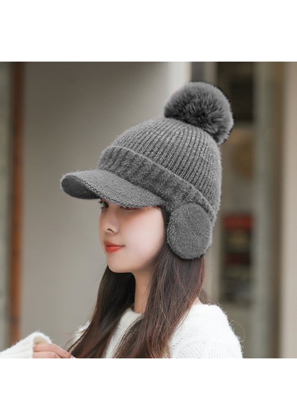 Bayanlar Örme Artı Kadife Sıcak Açık Sürüş Kulak Koruyucu Top Beyzbol Şapka (Yurt Dışından)