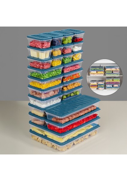 26 Parça Mikrodalga Uyumlu Organizer Saklama Kabı - 2X2400ML 4X1170ML 8X600ML 12X240ML Mavi