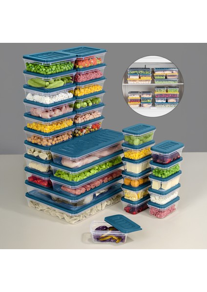32 Parça Mikrodalga Uyumlu Organizer Saklama Kabı - 2X2400ML 6X1170ML 12X600ML 12X240ML Mavi