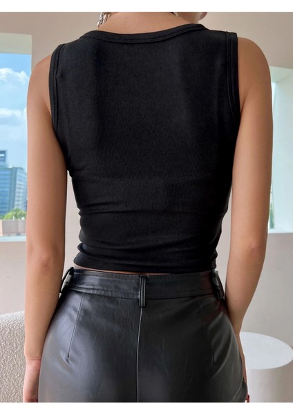 Siyah Renk Kalın Askılı Kare Yaka Düz Desensiz Fitilli Likralı Kaşkorse Crop Top Bluz