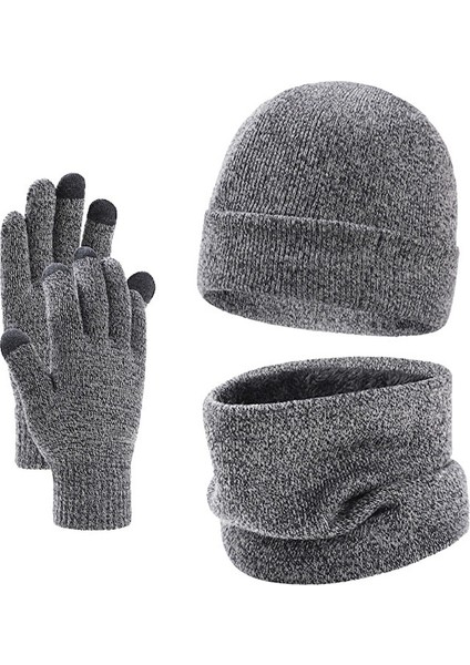 Yyh-Cc Örme Kadife Şapka, Atkı ve Eldiven Üçlü Takım-Gri (Yurt Dışından)
