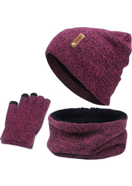 3'lü Set Eşarp Örme Set Kışlık Isıtıcı Kırmızı (Yurt Dışından)