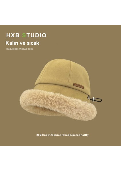 Peluş Şapka Kadın Sonbahar ve Kış Sıcak Kalınlaşmış Kadife Strappy Düz Renk Yün Şapka (Yurt Dışından)