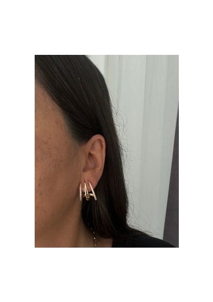 3lü Görünümlü Taşlı Halka Küpe