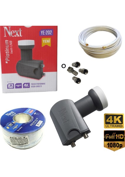 2'li Çiftli Lnb 40 Metre Next Hazır-Tak-Kullan Anten Kablosu+4 Adet Contalı Konnektör