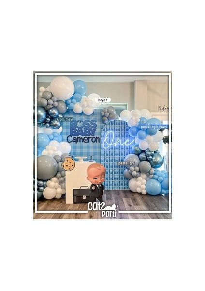 Patron Bebek Temalı Pastel Açık Mavi Pastel Gri Beyaz Krom Mavi Balon Zinciri 100 Adet Balon+Zincir