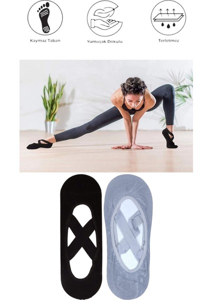 2 Adet Bayan Kaydırmaz Tabanlı Yoga Pilates Fitness Dans ve Spor Çorabı