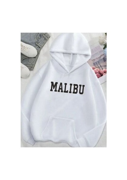 Unisex Malibu Baskılı Oversize Kapüşonlu Sweatshırt