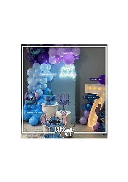 Stitch Temalı Makaron Mavi, Açık Mavi, Lila, Mor, Krom Mavi Balon Zinciri 100 Adet Balon + Zincir