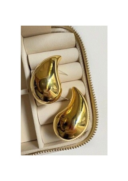 Pirinç Kaplama Plaka Damla Model Gold Küpe - Gözyaşı Damlası Model Küpe