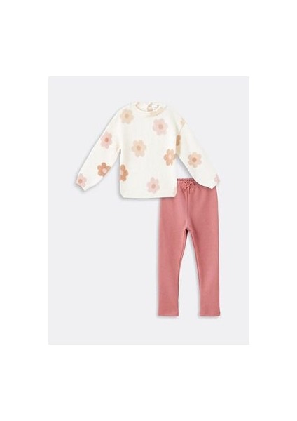 Lcw Baby Krem Rengi Bisiklet Yaka Uzun Kollu Kız Bebek Kazak ve Tayt 2'li Takım