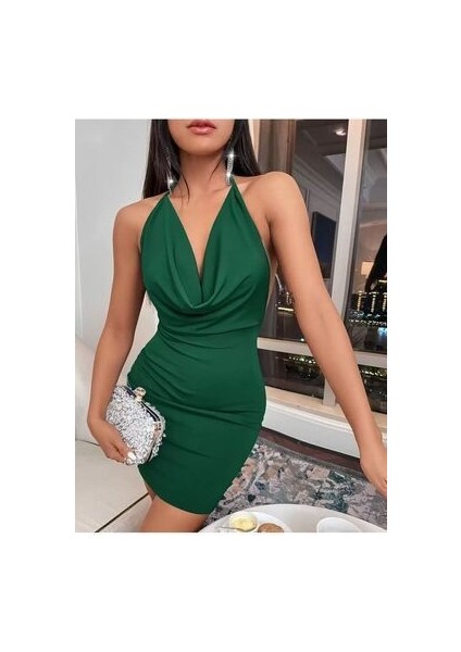 Sırt Derin Dekolteli Kruvaze Mini Elbise Siyah , Fuşya ,mavi,yeşil