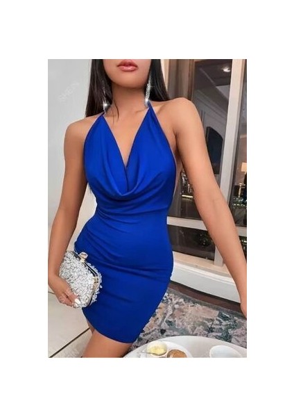 Süper Mini Gece Elbisesi Sırt Dekolteli Mavi modelleri