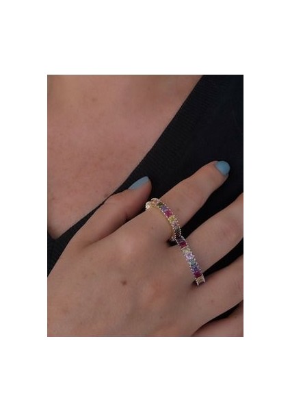 Renkli Kare Taşlı Tam Tur Yüzük